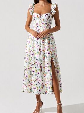 NWT ASTR the Label Wedelia Floral Corset Lace-Up Back Ruffle Strap Midi Dress M